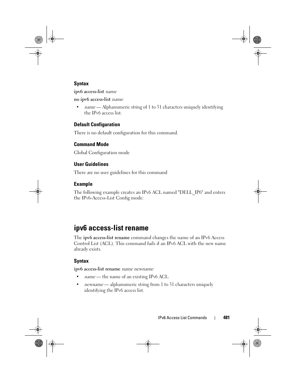 Syntax, Default configuration, Command mode | User guidelines, Example, Ipv6 access-list rename | Dell POWEREDGE M1000E User Manual | Page 481 / 1682