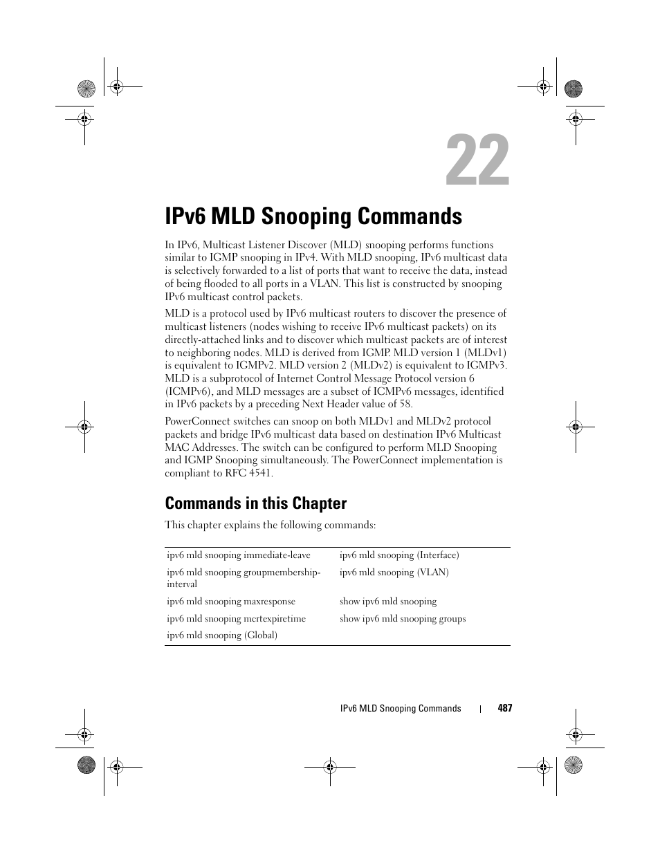 Ipv6 mld snooping commands, Commands in this chapter, Ipv6 mld | Snooping, Commands | Dell POWEREDGE M1000E User Manual | Page 487 / 1682