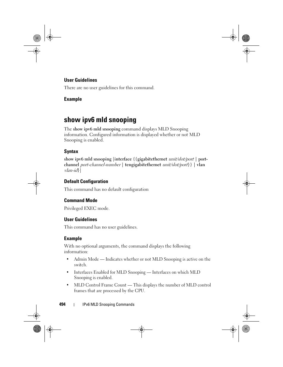 User guidelines, Example, Show ipv6 mld snooping | Syntax, Default configuration, Command mode | Dell POWEREDGE M1000E User Manual | Page 494 / 1682