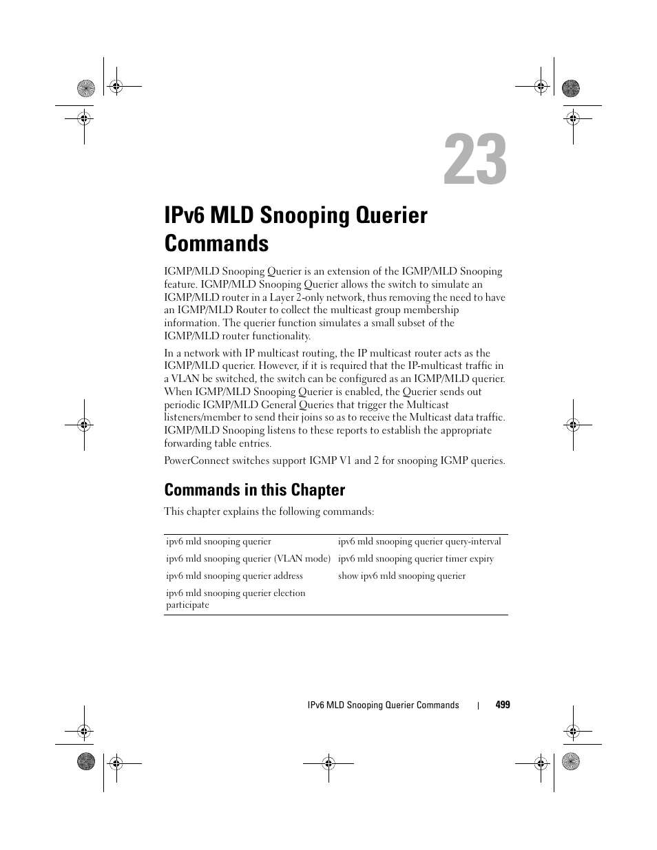 Ipv6 mld snooping querier commands, Commands in this chapter, Ipv6 mld snooping querier | Commands, Ipv6 mld, Snooping querier | Dell POWEREDGE M1000E User Manual | Page 499 / 1682