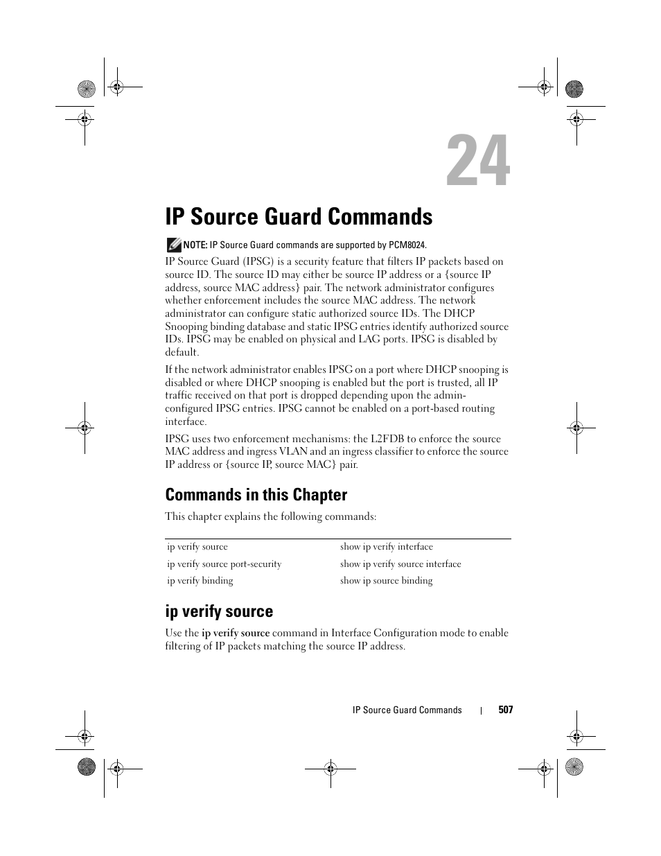 Ip source guard commands, Commands in this chapter, Ip verify source | Ip source guard, Commands | Dell POWEREDGE M1000E User Manual | Page 507 / 1682