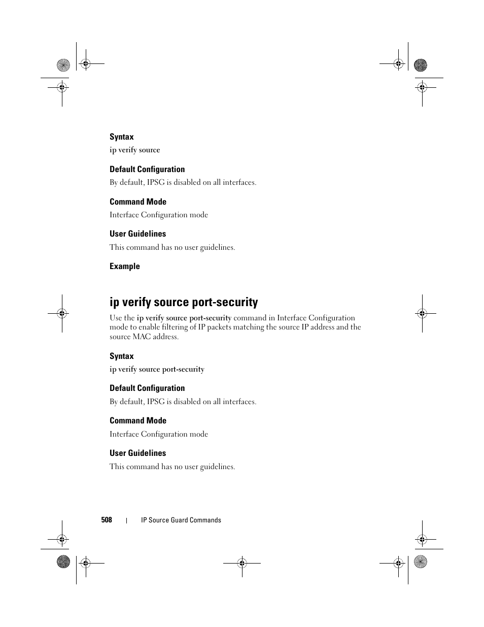 Syntax, Default configuration, Command mode | User guidelines, Example, Ip verify source port-security | Dell POWEREDGE M1000E User Manual | Page 508 / 1682