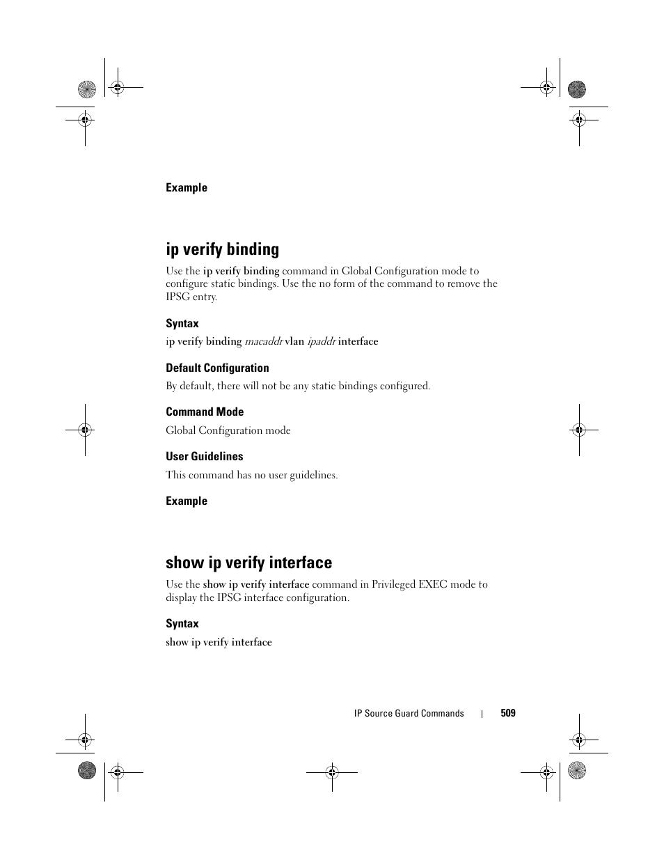 Example, Ip verify binding, Syntax | Default configuration, Command mode, User guidelines, Show ip verify interface | Dell POWEREDGE M1000E User Manual | Page 509 / 1682