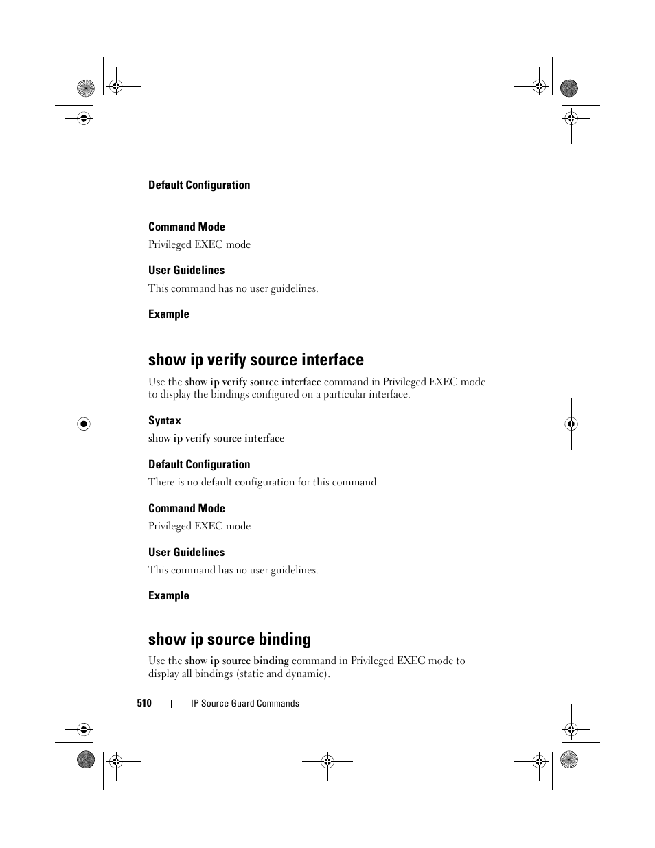 Default configuration, Command mode, User guidelines | Example, Show ip verify source interface, Syntax, Show ip source binding | Dell POWEREDGE M1000E User Manual | Page 510 / 1682