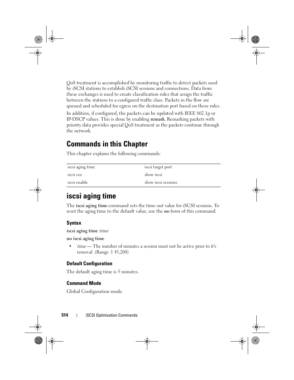 Commands in this chapter, Iscsi aging time, Syntax | Default configuration, Command mode | Dell POWEREDGE M1000E User Manual | Page 514 / 1682