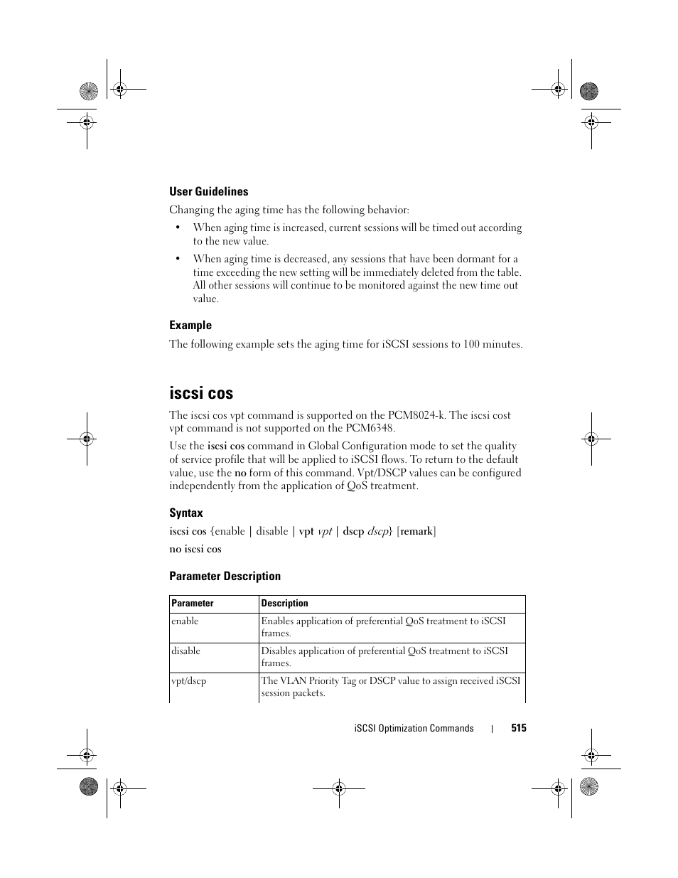 User guidelines, Example, Iscsi cos | Syntax, Parameter description | Dell POWEREDGE M1000E User Manual | Page 515 / 1682