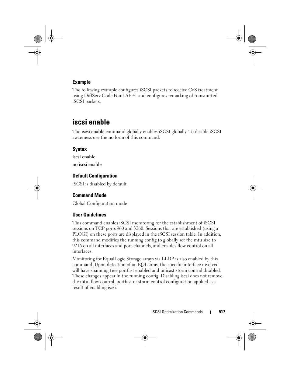 Example, Iscsi enable, Syntax | Default configuration, Command mode, User guidelines | Dell POWEREDGE M1000E User Manual | Page 517 / 1682