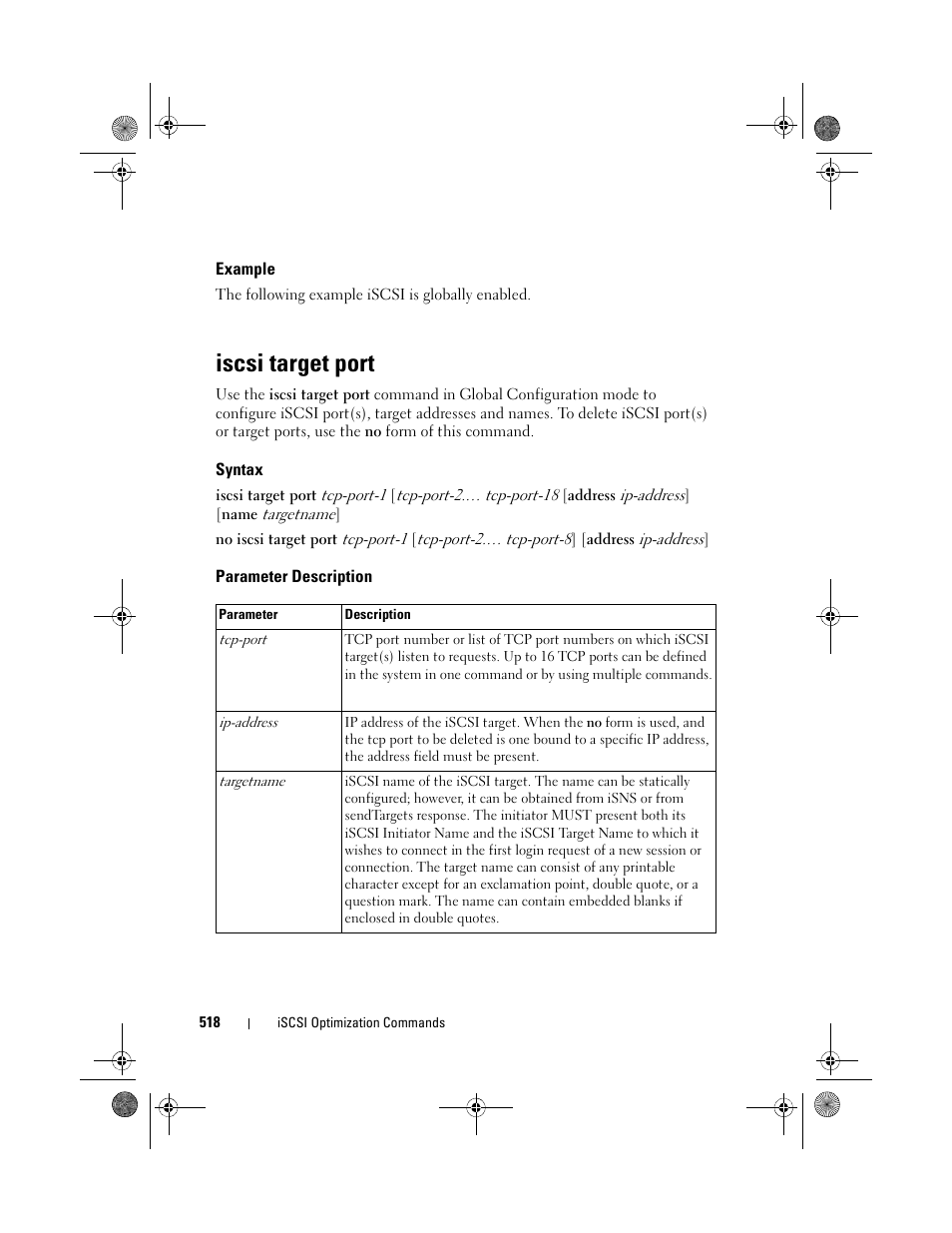 Example, Iscsi target port, Syntax | Parameter description | Dell POWEREDGE M1000E User Manual | Page 518 / 1682