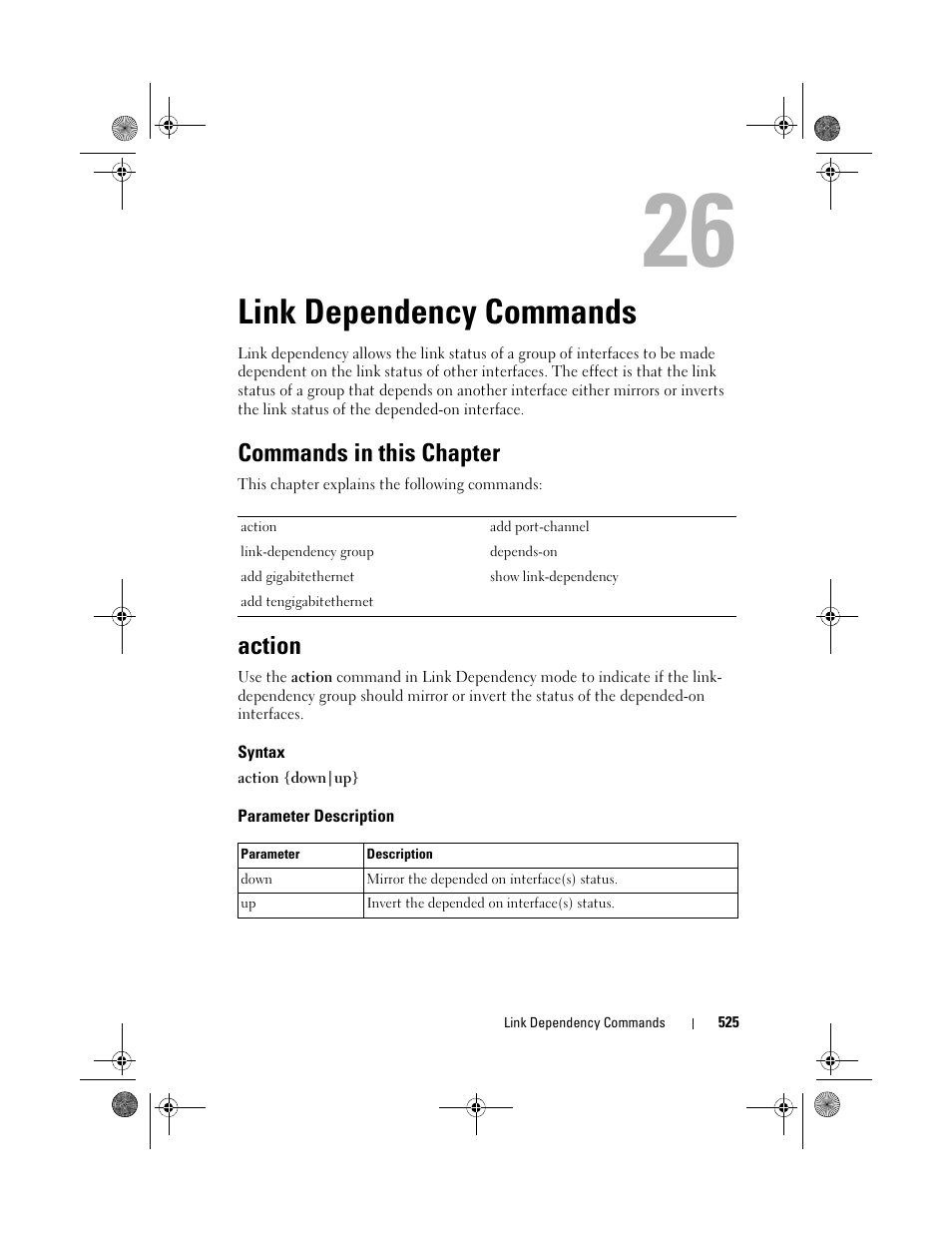 Link dependency commands, Commands in this chapter, Action | Syntax, Parameter description, Link dependency, Commands | Dell POWEREDGE M1000E User Manual | Page 525 / 1682