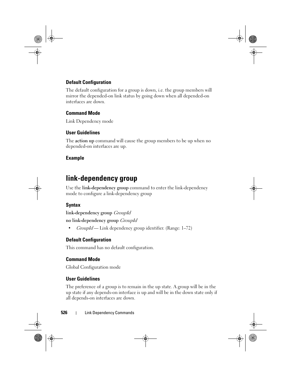 Default configuration, Command mode, User guidelines | Example, Link-dependency group, Syntax | Dell POWEREDGE M1000E User Manual | Page 526 / 1682