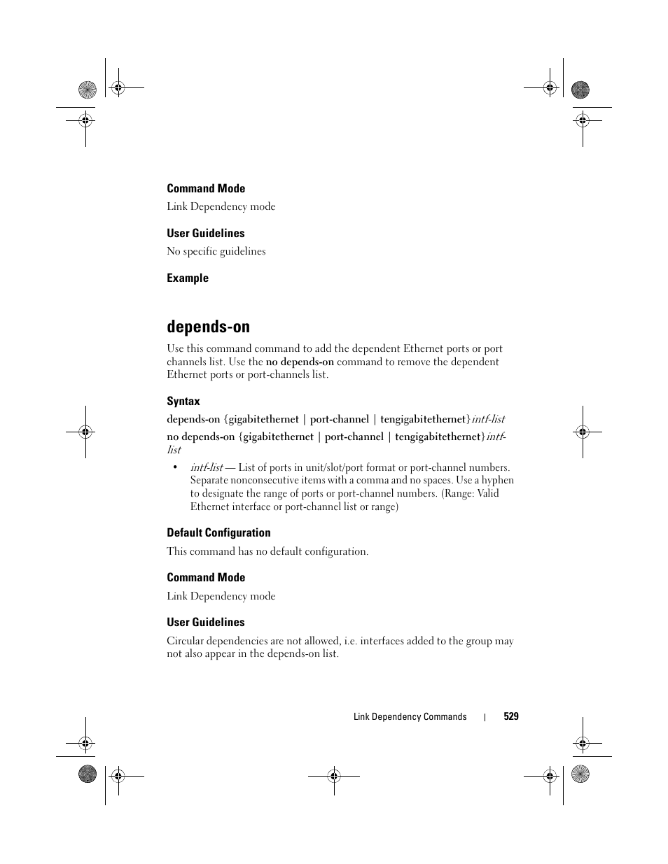 Command mode, User guidelines, Example | Depends-on, Syntax, Default configuration | Dell POWEREDGE M1000E User Manual | Page 529 / 1682