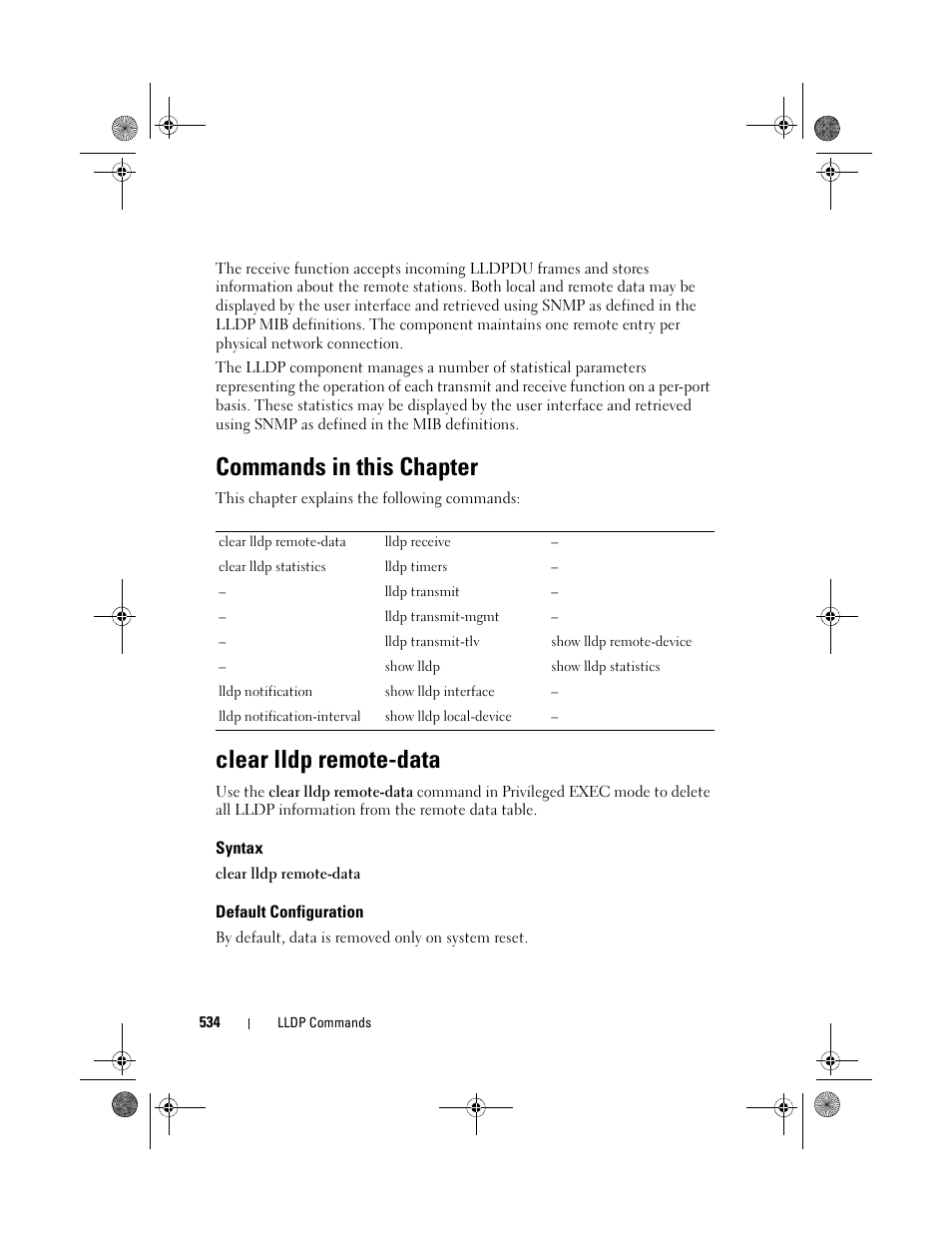 Commands in this chapter, Clear lldp remote-data, Syntax | Default configuration | Dell POWEREDGE M1000E User Manual | Page 534 / 1682