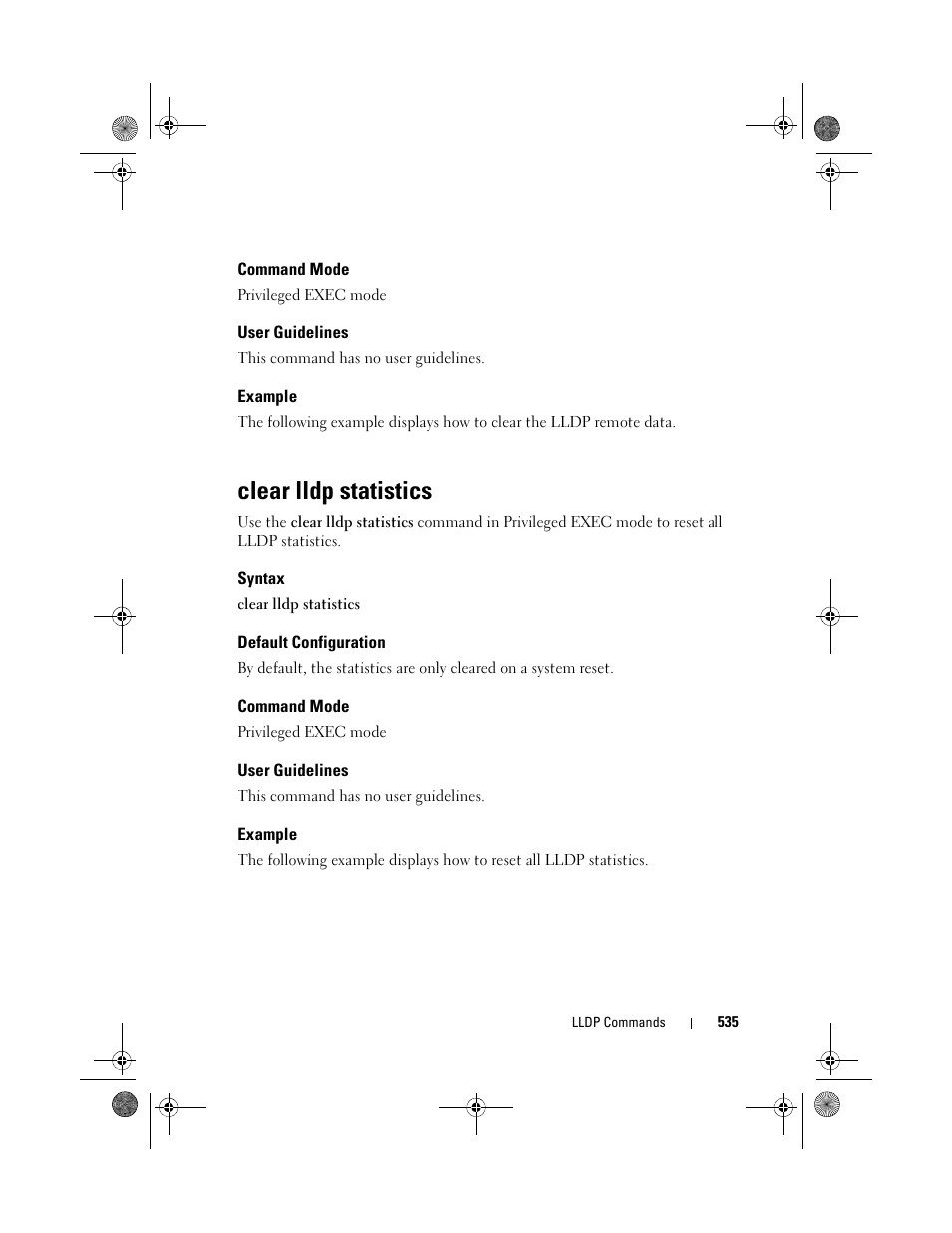 Command mode, User guidelines, Example | Clear lldp statistics, Syntax, Default configuration | Dell POWEREDGE M1000E User Manual | Page 535 / 1682