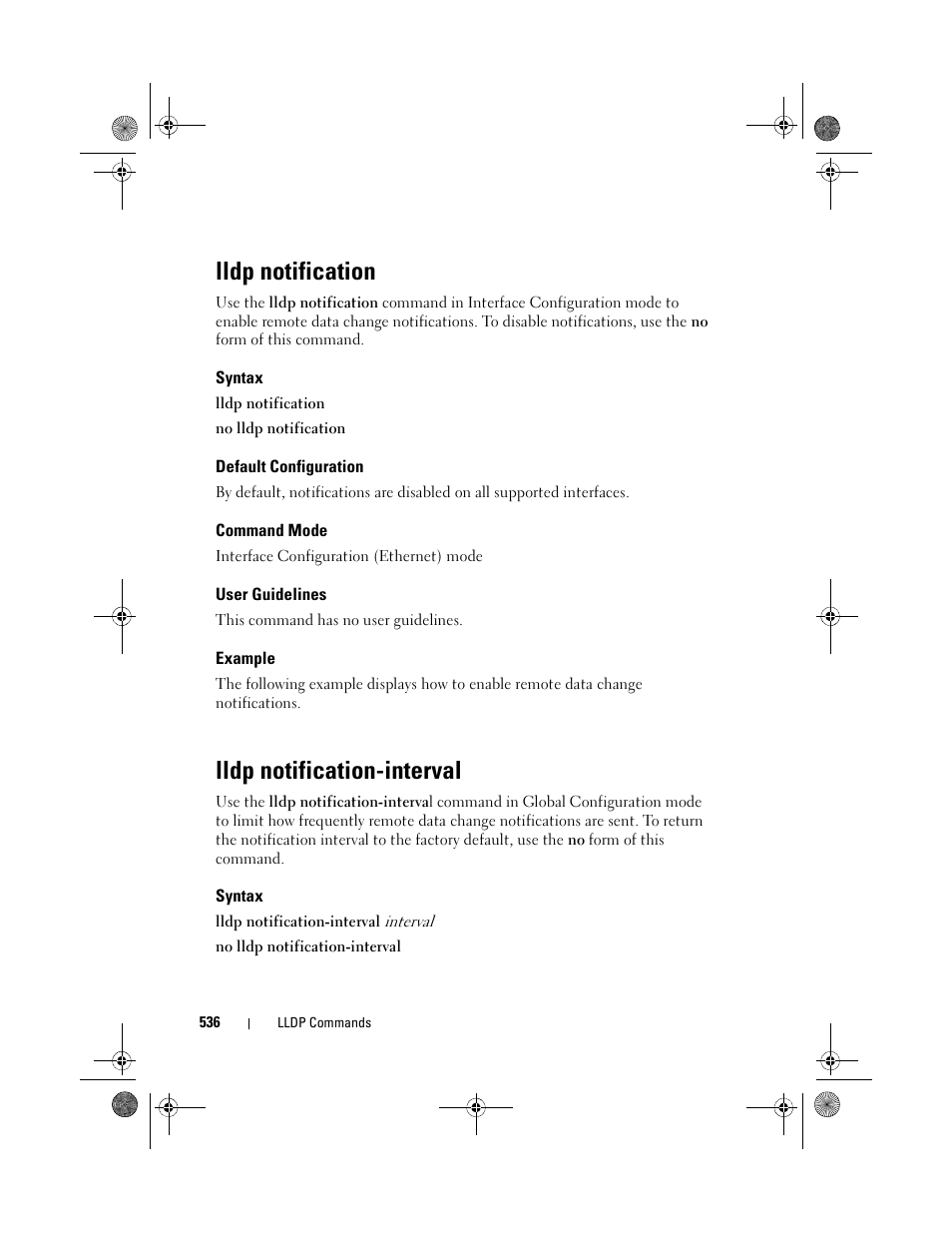 Lldp notification, Syntax, Default configuration | Command mode, User guidelines, Example, Lldp notification-interval | Dell POWEREDGE M1000E User Manual | Page 536 / 1682