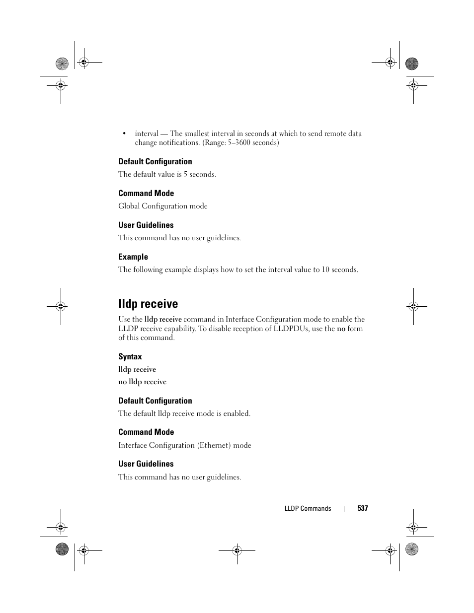 Default configuration, Command mode, User guidelines | Example, Lldp receive, Syntax | Dell POWEREDGE M1000E User Manual | Page 537 / 1682