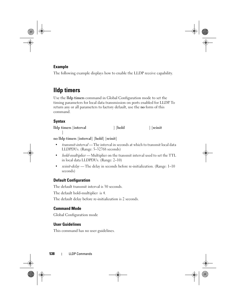 Example, Lldp timers, Syntax | Default configuration, Command mode, User guidelines | Dell POWEREDGE M1000E User Manual | Page 538 / 1682