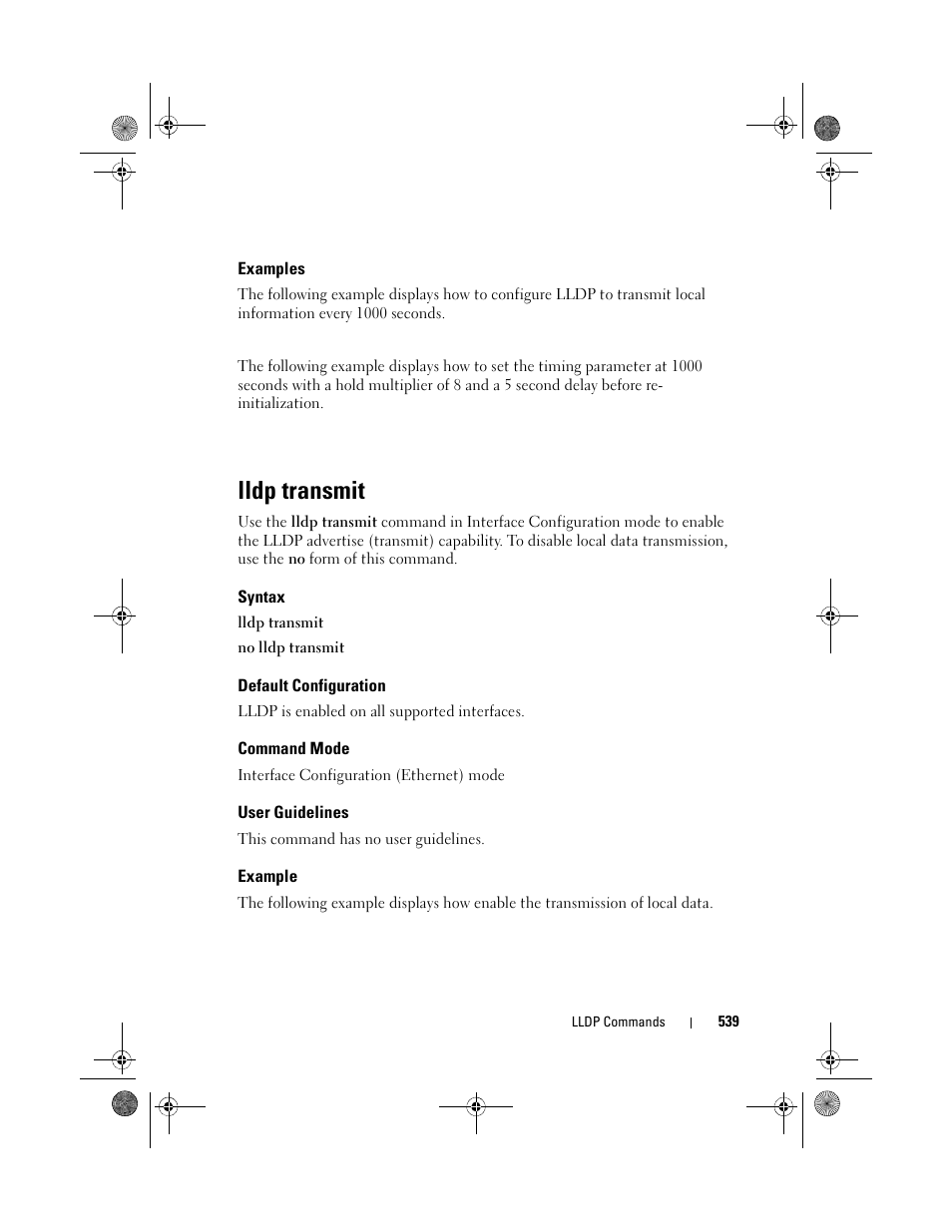 Examples, Lldp transmit, Syntax | Default configuration, Command mode, User guidelines, Example, Lldp, Transmit | Dell POWEREDGE M1000E User Manual | Page 539 / 1682