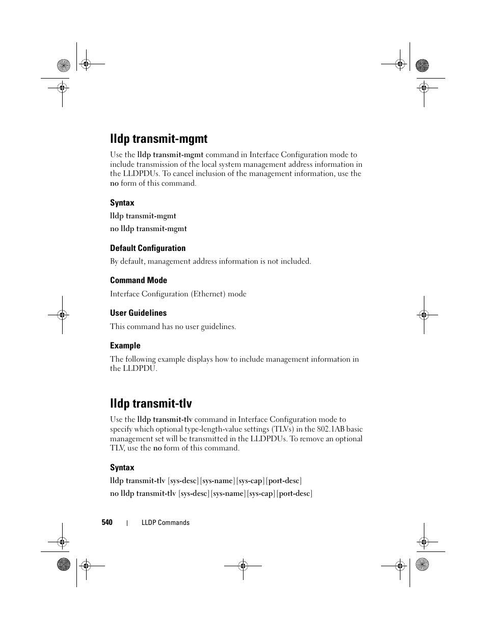Lldp transmit-mgmt, Syntax, Default configuration | Command mode, User guidelines, Example, Lldp transmit-tlv | Dell POWEREDGE M1000E User Manual | Page 540 / 1682
