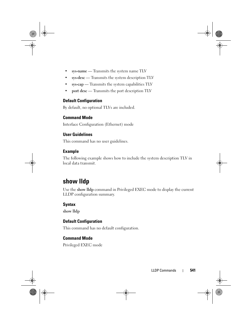 Default configuration, Command mode, User guidelines | Example, Show lldp, Syntax | Dell POWEREDGE M1000E User Manual | Page 541 / 1682