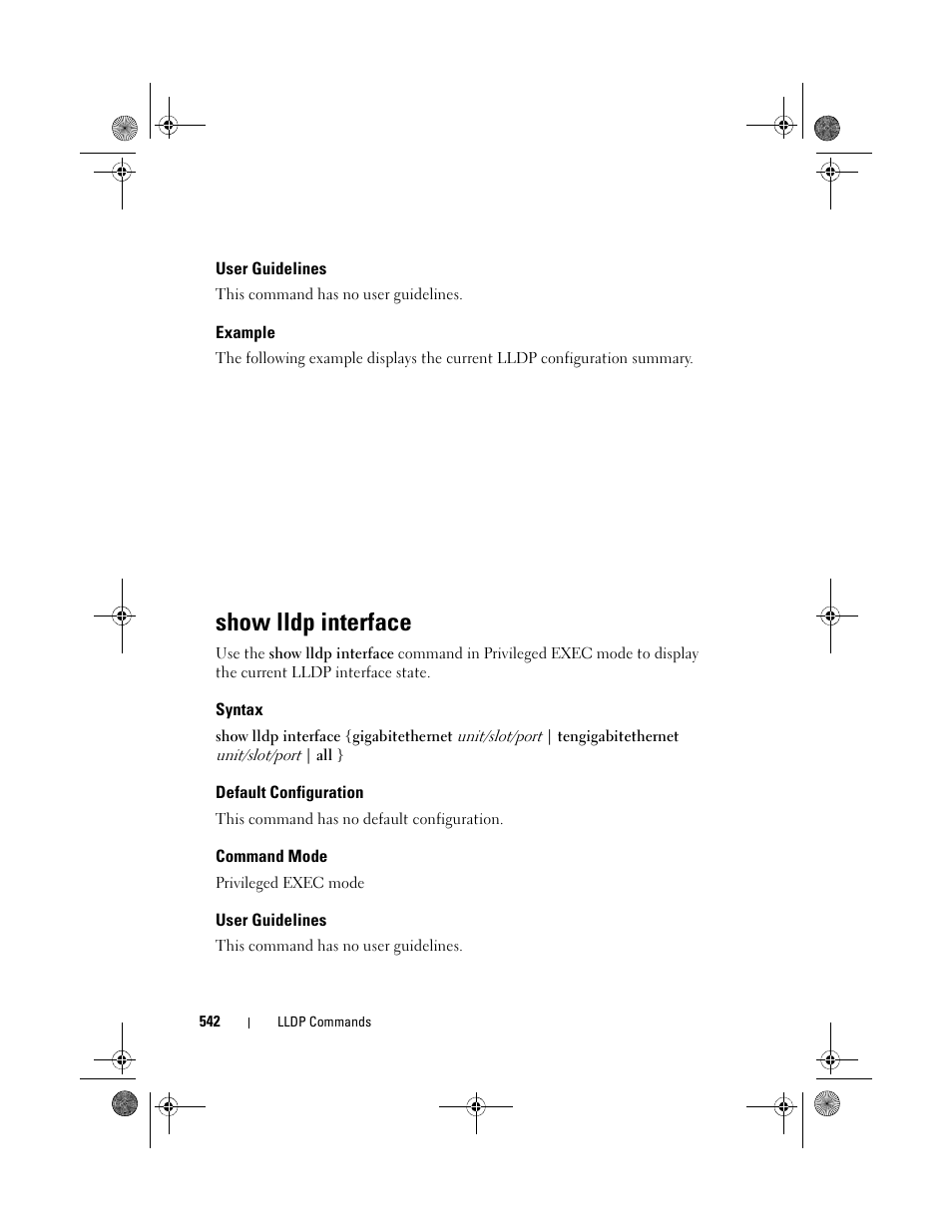 User guidelines, Example, Show lldp interface | Syntax, Default configuration, Command mode | Dell POWEREDGE M1000E User Manual | Page 542 / 1682