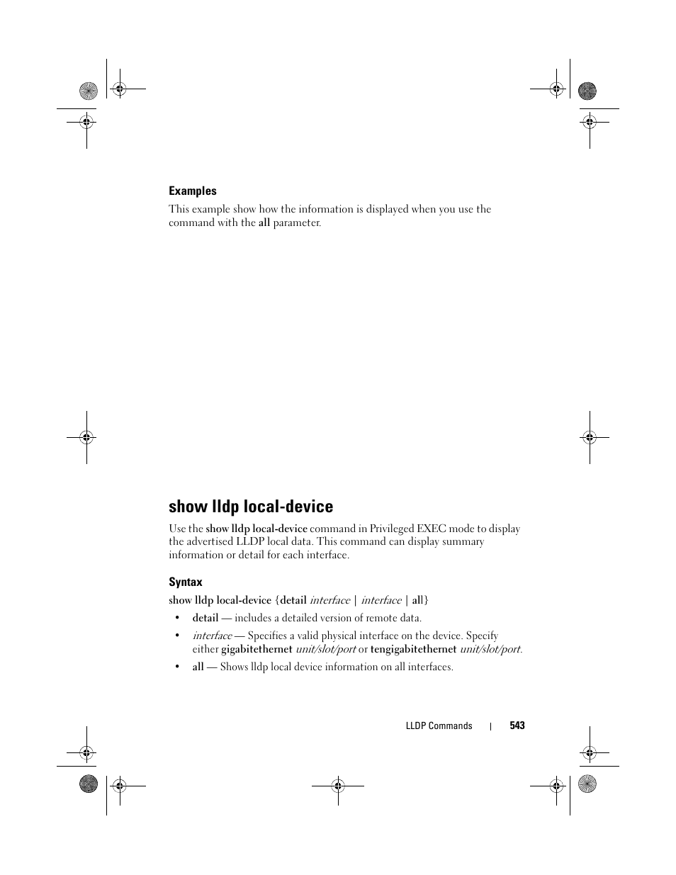 Examples, Show lldp local-device, Syntax | Dell POWEREDGE M1000E User Manual | Page 543 / 1682