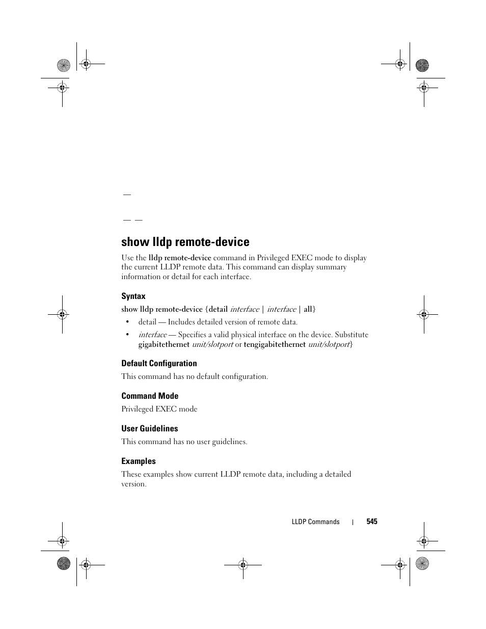 Show lldp remote-device, Syntax, Default configuration | Command mode, User guidelines, Examples | Dell POWEREDGE M1000E User Manual | Page 545 / 1682