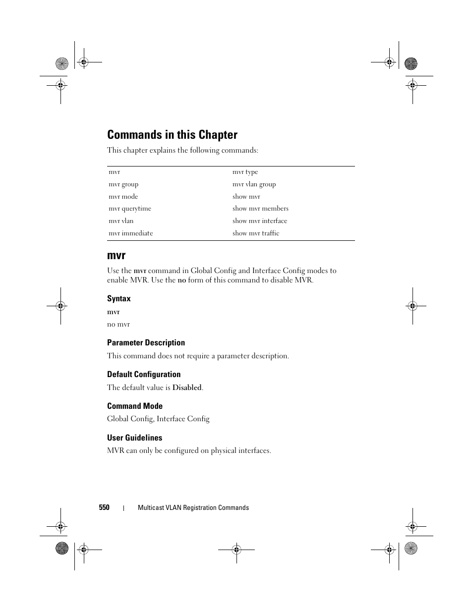 Commands in this chapter, Syntax, Parameter description | Default configuration, Command mode, User guidelines | Dell POWEREDGE M1000E User Manual | Page 550 / 1682