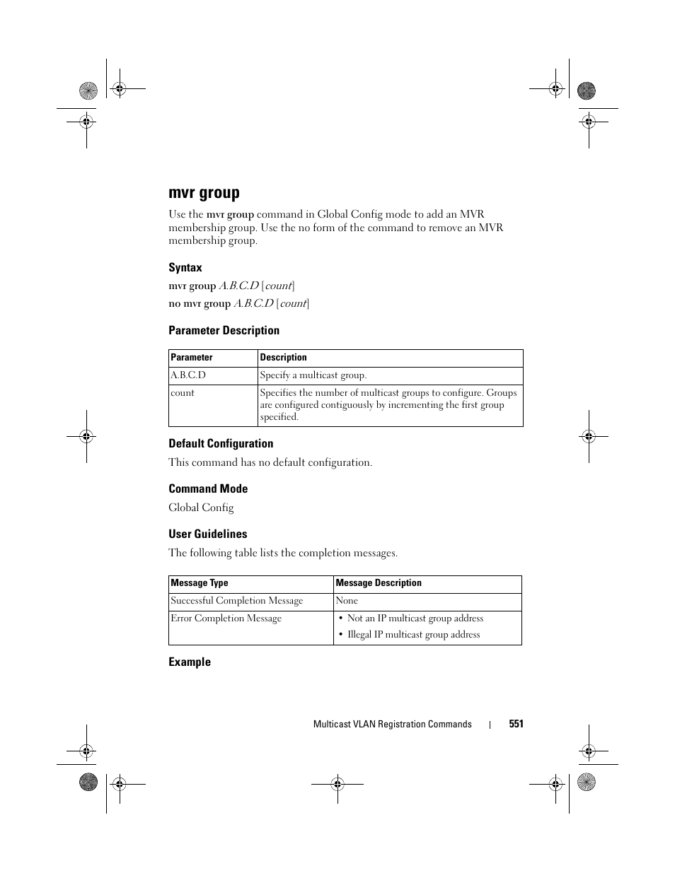 Mvr group, Syntax, Parameter description | Default configuration, Command mode, User guidelines, Example | Dell POWEREDGE M1000E User Manual | Page 551 / 1682