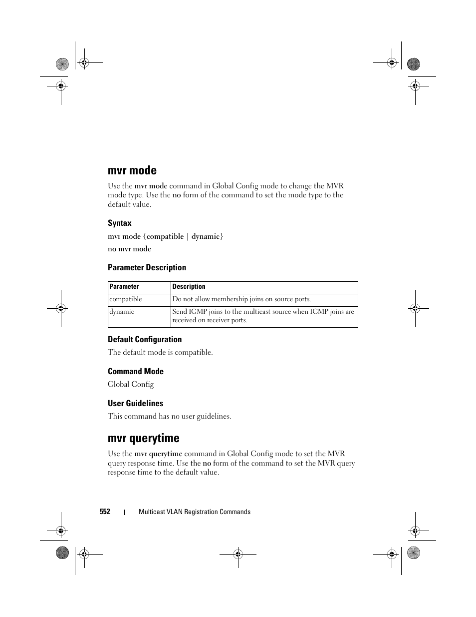 Mvr mode, Syntax, Parameter description | Default configuration, Command mode, User guidelines, Mvr querytime | Dell POWEREDGE M1000E User Manual | Page 552 / 1682