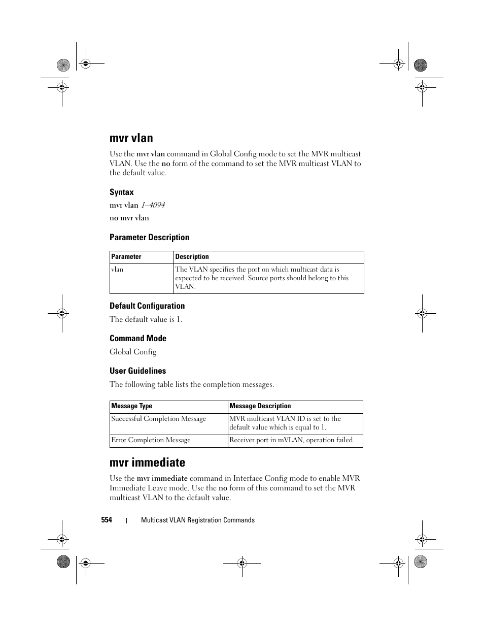 Mvr vlan, Syntax, Parameter description | Default configuration, Command mode, User guidelines, Mvr immediate | Dell POWEREDGE M1000E User Manual | Page 554 / 1682