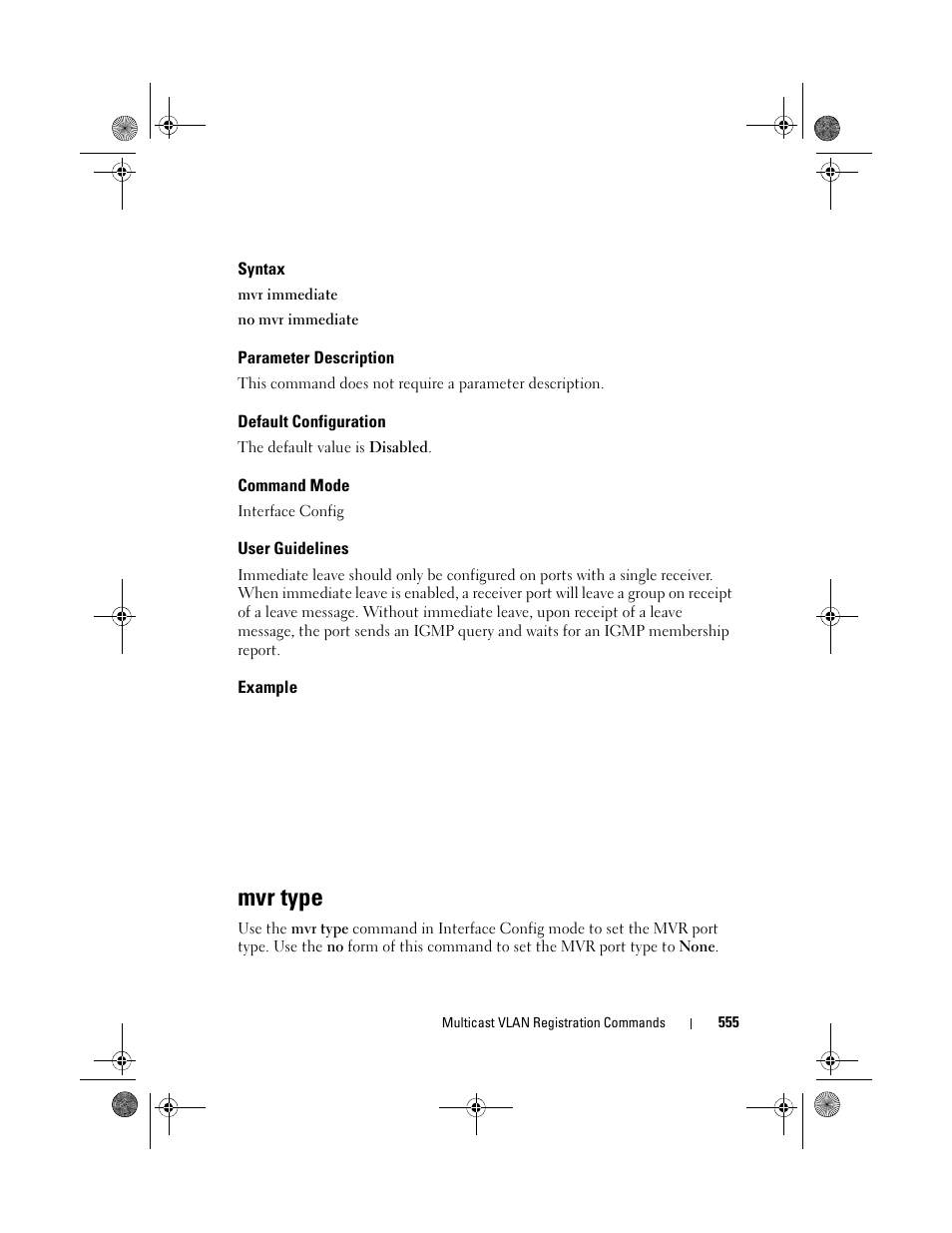 Syntax, Parameter description, Default configuration | Command mode, User guidelines, Example, Mvr type | Dell POWEREDGE M1000E User Manual | Page 555 / 1682