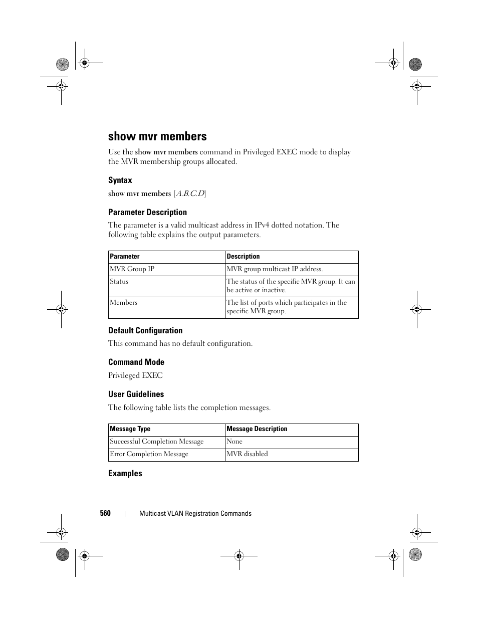 Show mvr members, Syntax, Parameter description | Default configuration, Command mode, User guidelines, Examples | Dell POWEREDGE M1000E User Manual | Page 560 / 1682