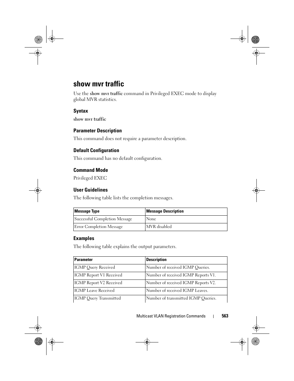Show mvr traffic, Syntax, Parameter description | Default configuration, Command mode, User guidelines, Examples | Dell POWEREDGE M1000E User Manual | Page 563 / 1682