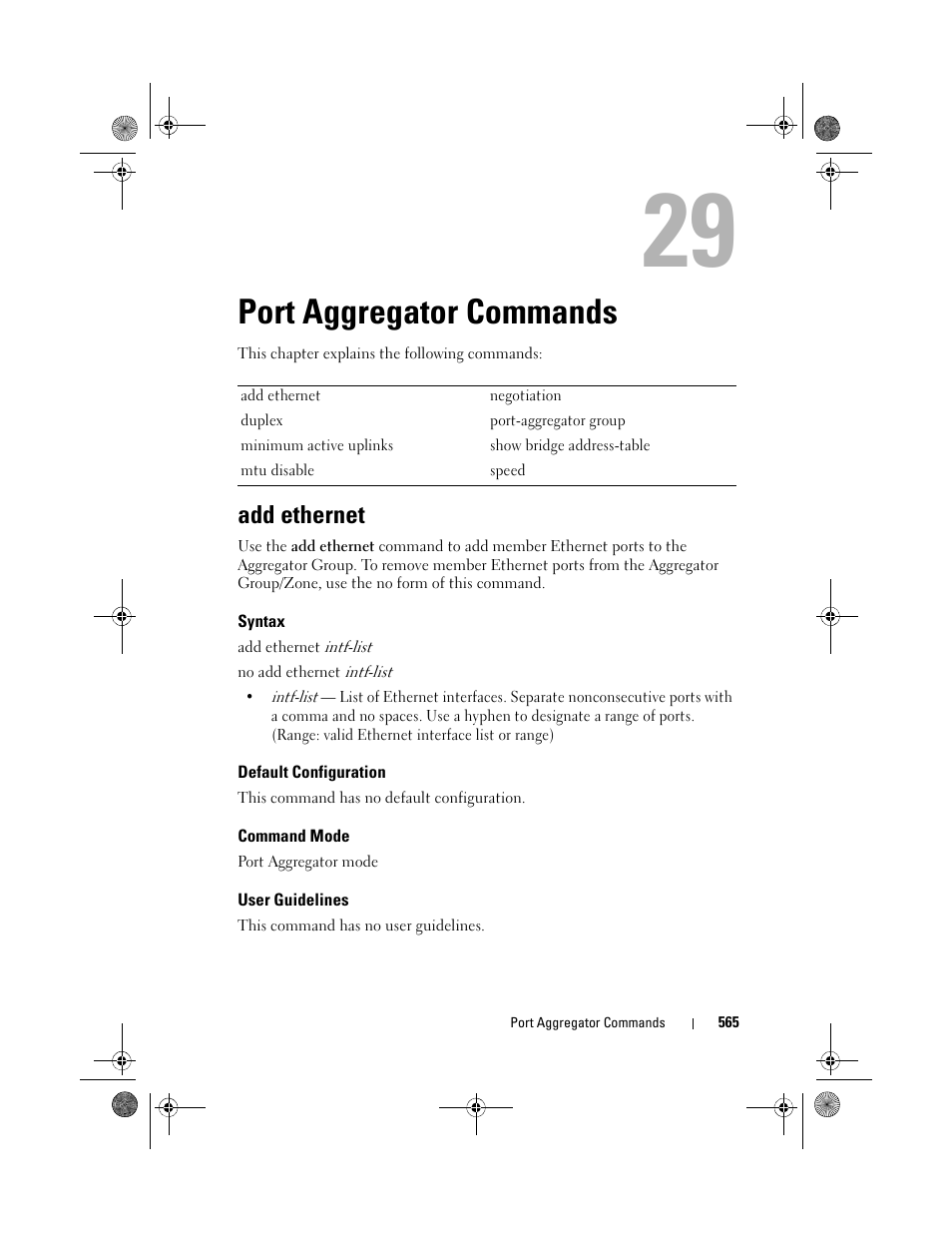 Port aggregator commands, Add ethernet, Syntax | Default configuration, Command mode, User guidelines, Port aggregator, Commands | Dell POWEREDGE M1000E User Manual | Page 565 / 1682