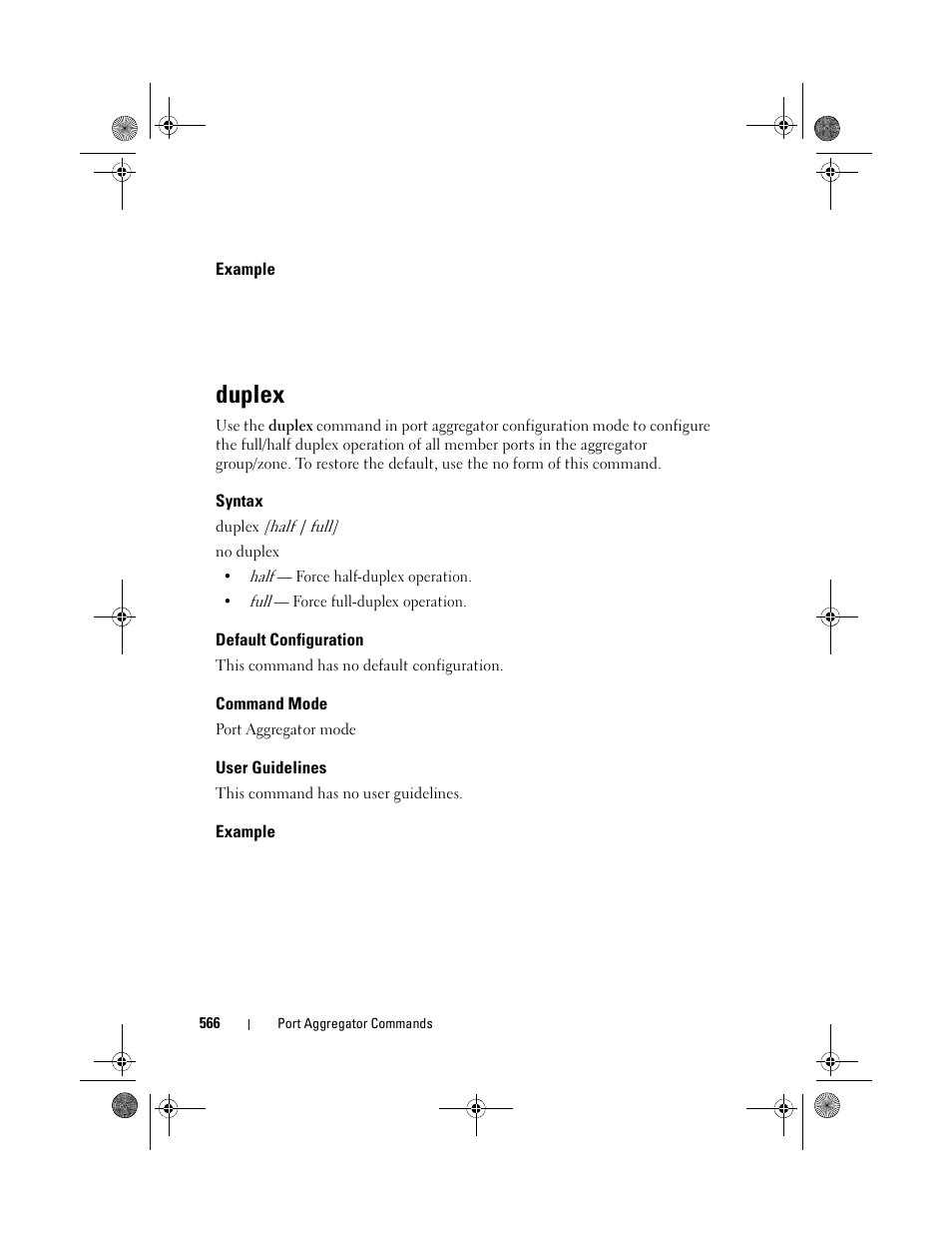 Example, Duplex, Syntax | Default configuration, Command mode, User guidelines | Dell POWEREDGE M1000E User Manual | Page 566 / 1682