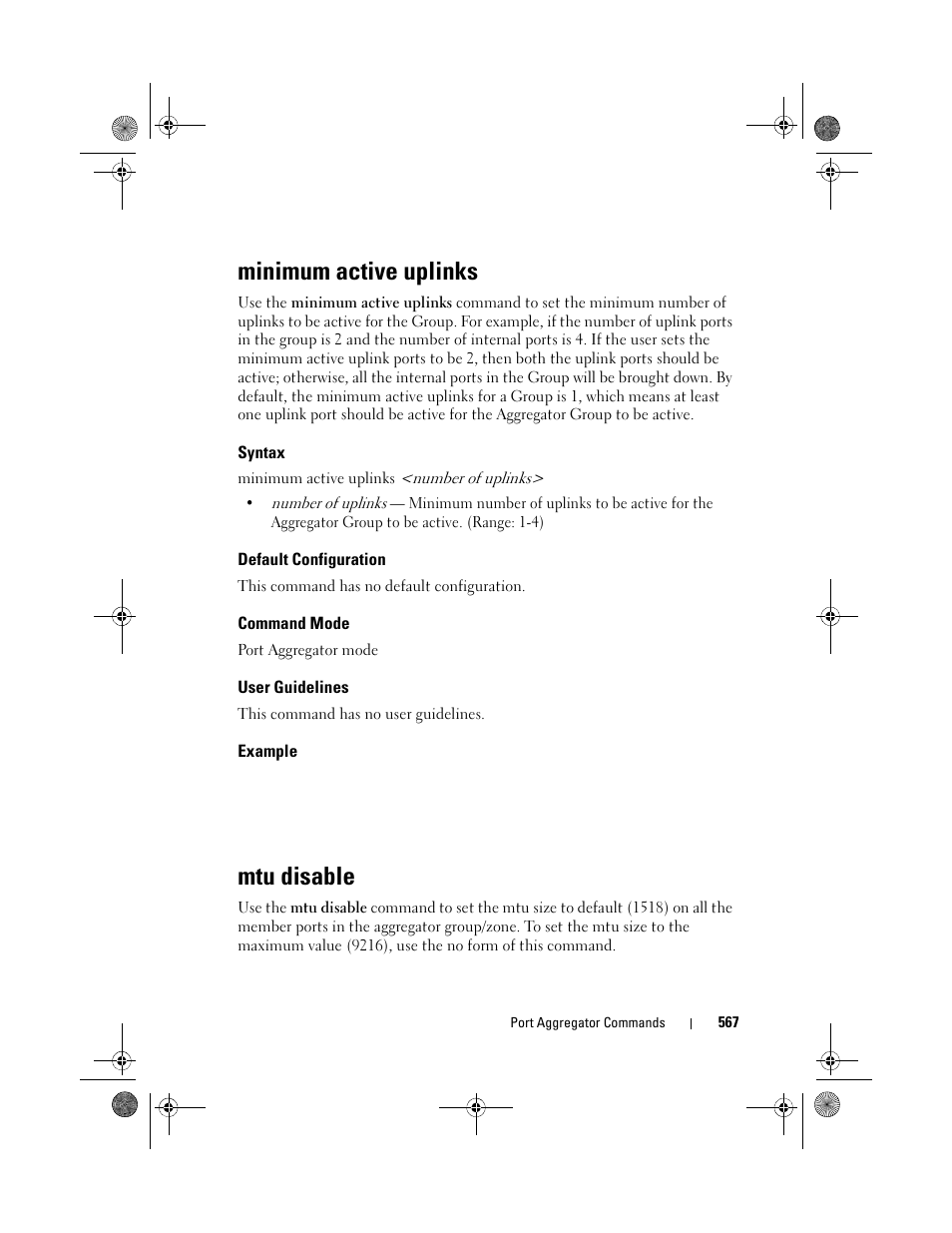 Minimum active uplinks, Syntax, Default configuration | Command mode, User guidelines, Example, Mtu disable | Dell POWEREDGE M1000E User Manual | Page 567 / 1682