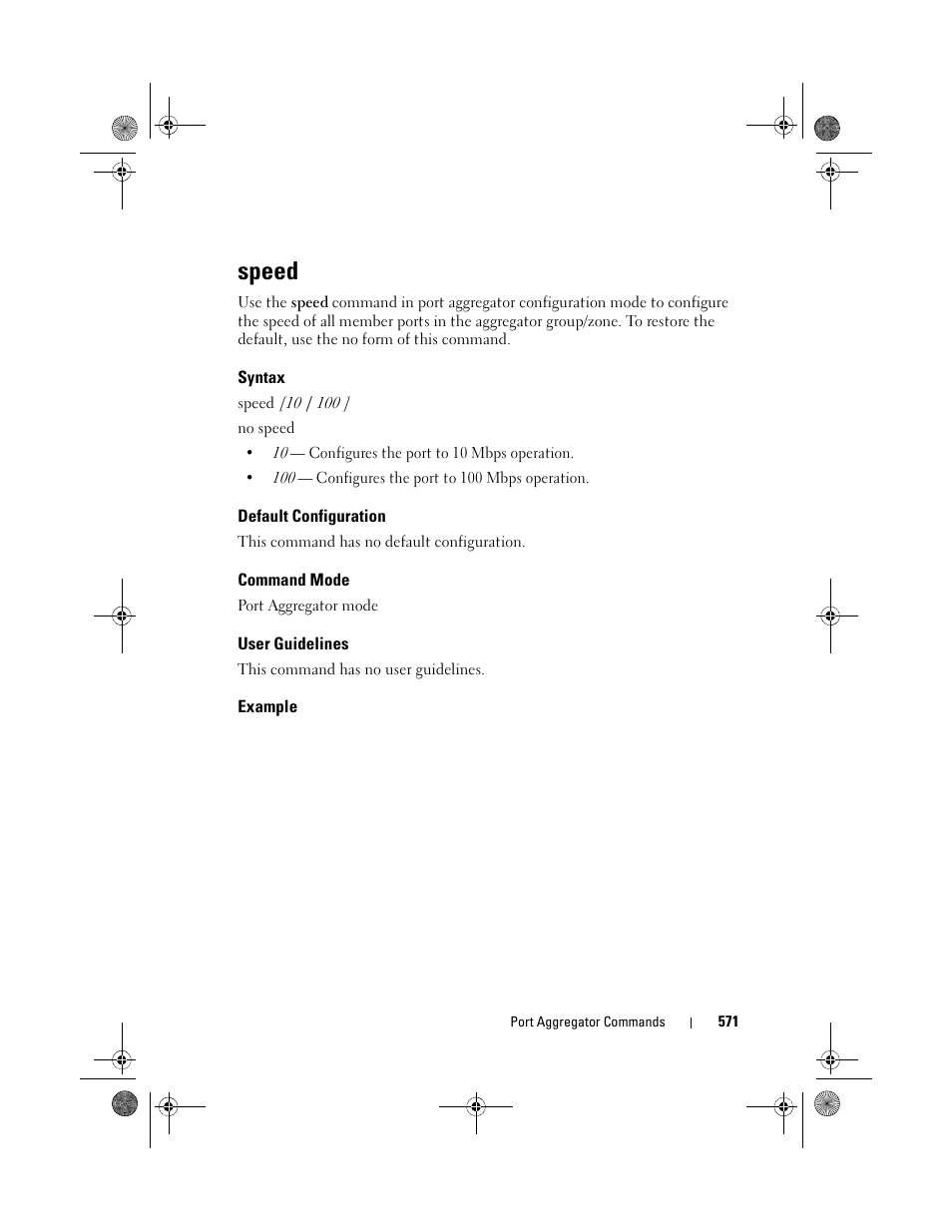 Speed, Syntax, Default configuration | Command mode, User guidelines, Example | Dell POWEREDGE M1000E User Manual | Page 571 / 1682