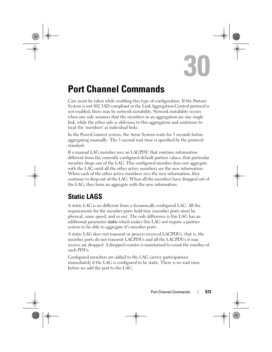 Port channel commands, Static lags, Port channel | Commands | Dell POWEREDGE M1000E User Manual | Page 573 / 1682