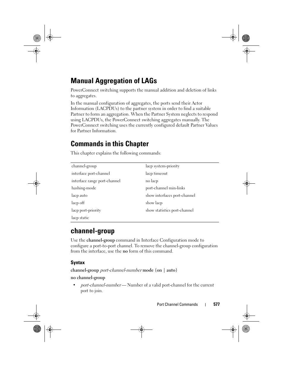 Manual aggregation of lags, Commands in this chapter, Channel-group | Syntax | Dell POWEREDGE M1000E User Manual | Page 577 / 1682