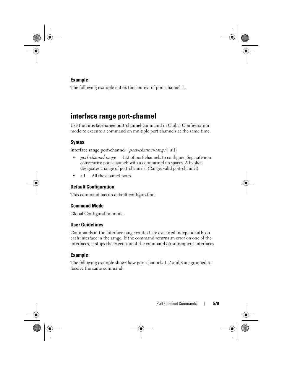 Example, Interface range port-channel, Syntax | Default configuration, Command mode, User guidelines | Dell POWEREDGE M1000E User Manual | Page 579 / 1682