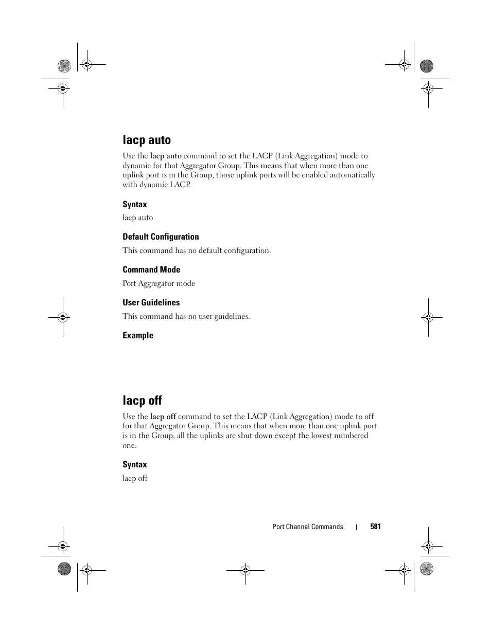 Lacp auto, Syntax, Default configuration | Command mode, User guidelines, Example, Lacp off | Dell POWEREDGE M1000E User Manual | Page 581 / 1682