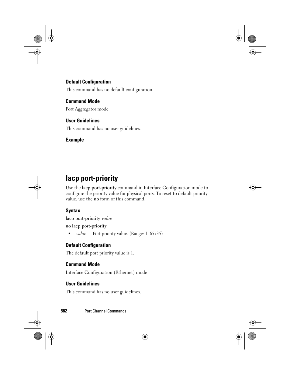 Default configuration, Command mode, User guidelines | Example, Lacp port-priority, Syntax | Dell POWEREDGE M1000E User Manual | Page 582 / 1682