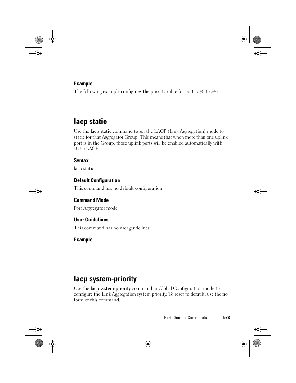 Example, Lacp static, Syntax | Default configuration, Command mode, User guidelines, Lacp system-priority | Dell POWEREDGE M1000E User Manual | Page 583 / 1682