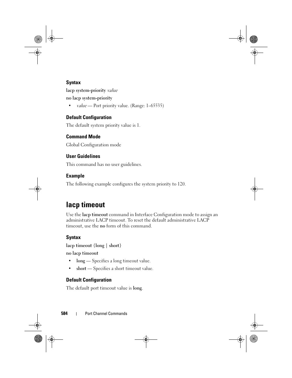 Syntax, Default configuration, Command mode | User guidelines, Example, Lacp timeout | Dell POWEREDGE M1000E User Manual | Page 584 / 1682