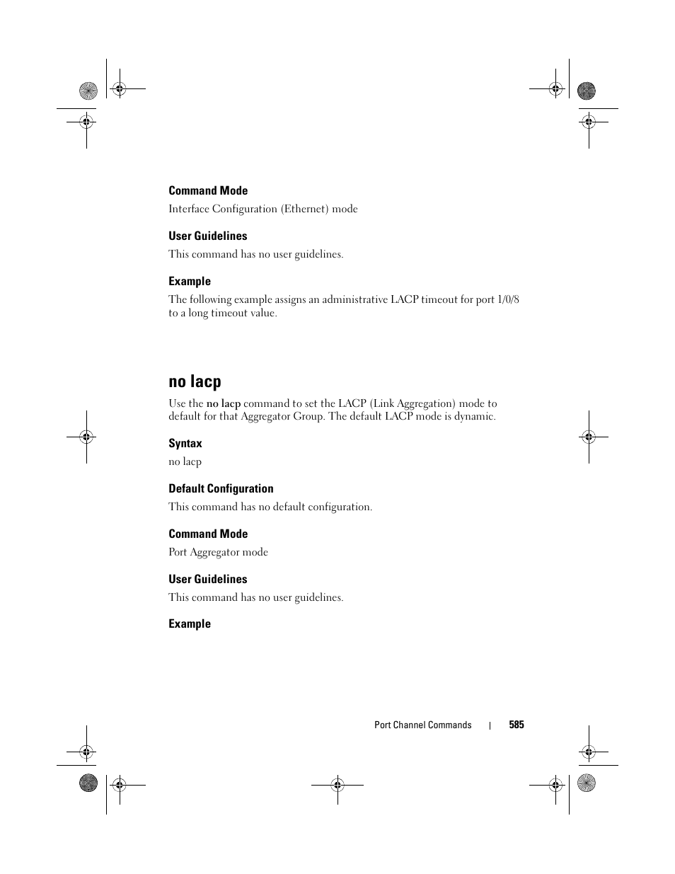 Command mode, User guidelines, Example | No lacp, Syntax, Default configuration | Dell POWEREDGE M1000E User Manual | Page 585 / 1682