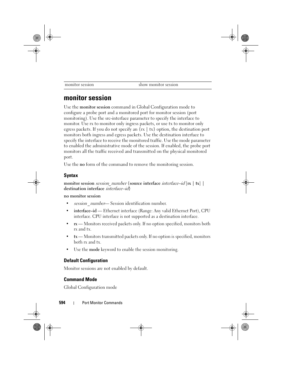 Monitor session, Syntax, Default configuration | Command mode | Dell POWEREDGE M1000E User Manual | Page 594 / 1682