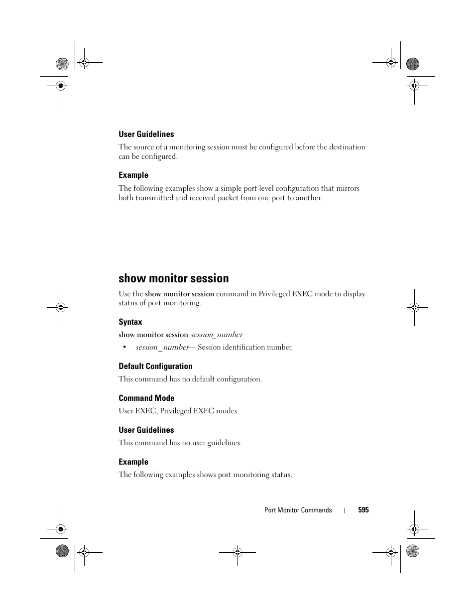 User guidelines, Example, Show monitor session | Syntax, Default configuration, Command mode | Dell POWEREDGE M1000E User Manual | Page 595 / 1682