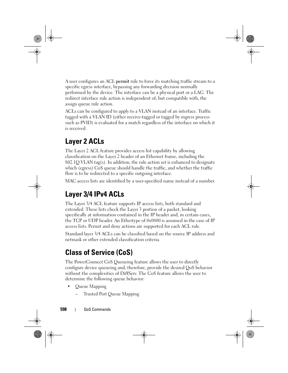 Layer 2 acls, Layer 3/4 ipv4 acls, Class of service (cos) | Dell POWEREDGE M1000E User Manual | Page 598 / 1682