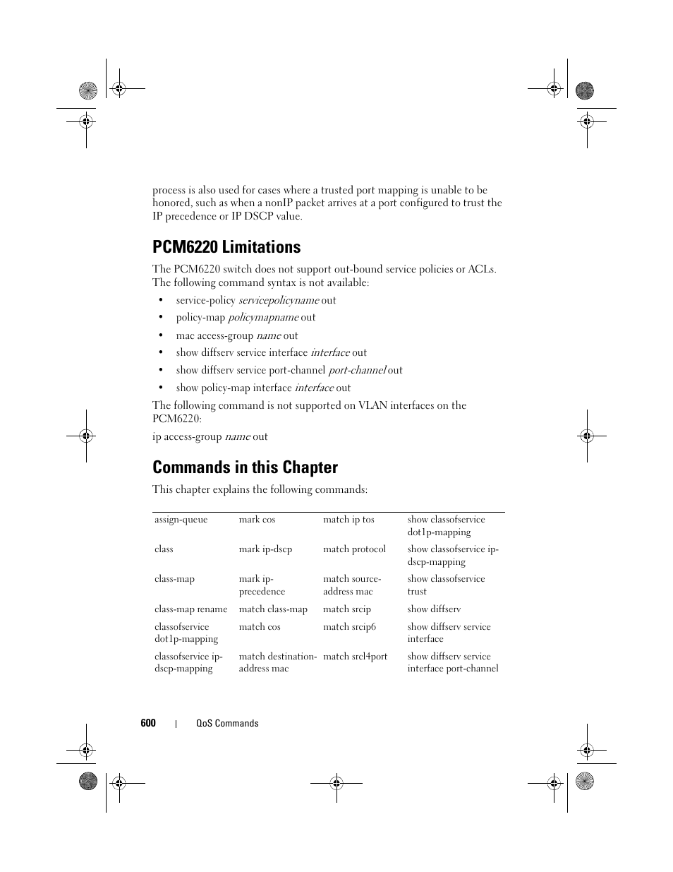 Pcm6220 limitations, Commands in this chapter | Dell POWEREDGE M1000E User Manual | Page 600 / 1682