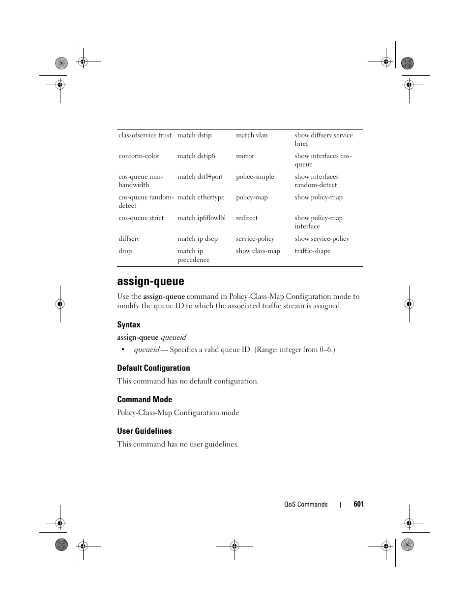 Assign-queue, Syntax, Default configuration | Command mode, User guidelines | Dell POWEREDGE M1000E User Manual | Page 601 / 1682